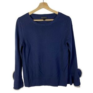 J. Crew Navy Blue Crewneck Merino Wool Ruffle Sleeve Sweater M